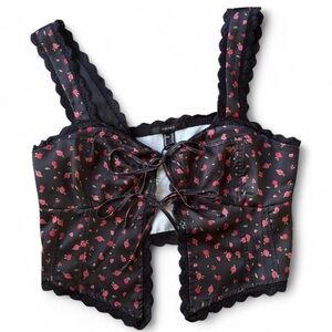 Floral Lace-Up Bustier Crop Top - Black with Red Rose Print